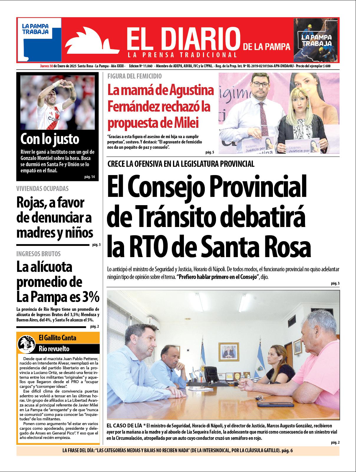 Tapa de El Diario en papel  jueves 30 de enero de 2025